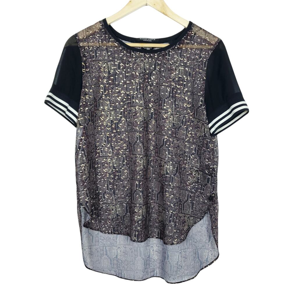 Maison Scotch Womens Shirt Small 1 Black White Printed Design Short Sleeves Top